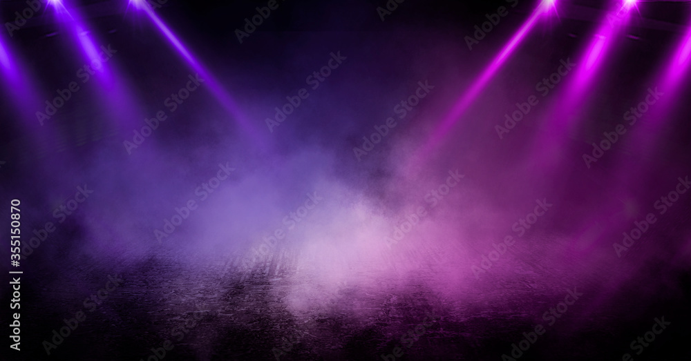Background of empty room with spotlights and lights, abstract purple background with neon glow - obrazy, fototapety, plakaty 