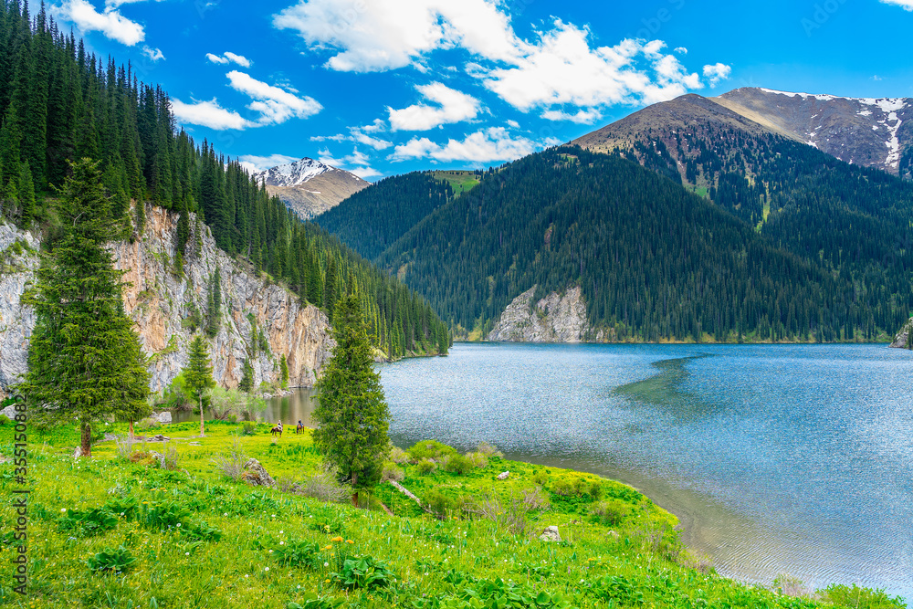 Spectacular view of a mountain lake with blue sky.