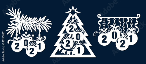 Laser cutting template. Christmas tree, hanging Christmas balls with number 2021, bow and ribbon. Xmas decoration for window. Paper cut out vector illustration. Happy New Year silhouette design.