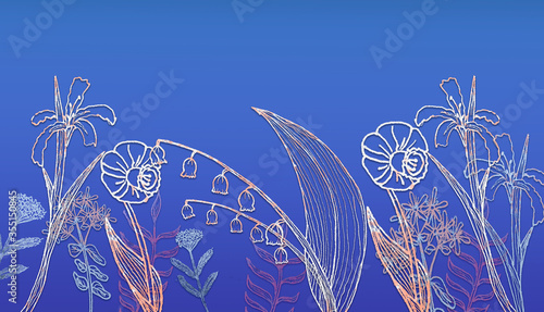 contour floral pattern on a blue-violet background, rollerball pen, drawing, photoshop