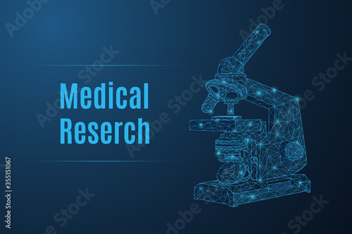 Futuristic glowing low polygonal light microscope made of stars, lines, dots, triangles isolated on dark blue background. Medical research concept. Modern wireframe vector illustration.