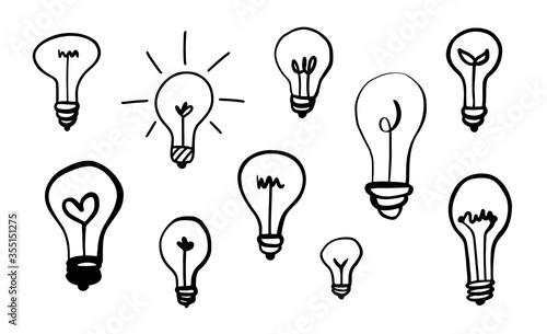Set of Hand-drawn light bulbs. Sketch light bulb. Light bulbs doodle. Light bulb icon. Idea sign, solution, thinking concept. Lighting electric lamp.