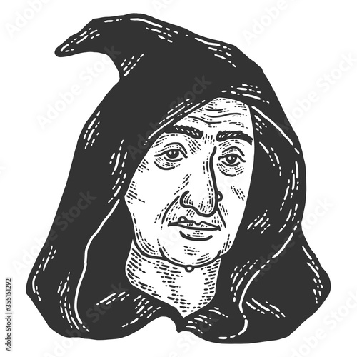 Head of a witch in a hood. Sketch scratch board imitation. Black and white.