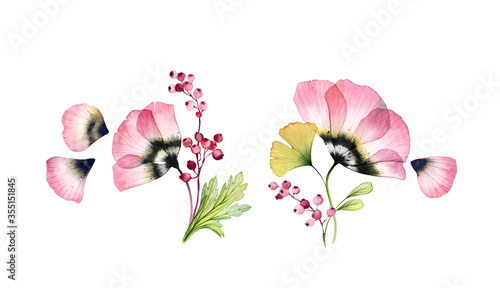 Watercolor tulip bouquets. Set of botanical illustrations. Big pink flower wi...
