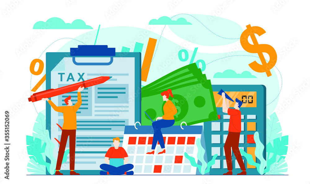 Tax payment, tax audits, income tax, tax calculation, tax reporting concept illustration flat tax design