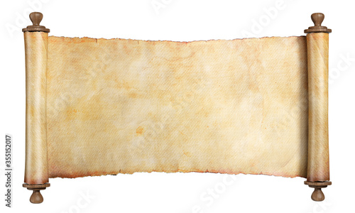 Horizontal scroll or parchment with wooden handles. Isolated, clipping path included