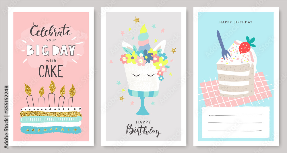 Plakat Happy birthday greeting cards and party invitation templates, hand drawn style.Vector illustration.