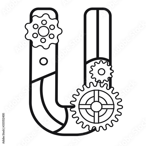 Steampunk Style Typeface. Mechanical alphabet of gears. letter U. Vector illustration of vintage steampunk alphabet for logo and text. Suitable for fantastic coloring pages for children 