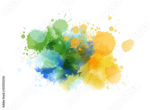 Yellow, green and blue colored splash watercolor paint blot - template for your designs. Grunge paint imitation splash background.