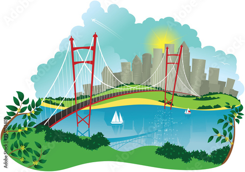 Suspension bridge and city
