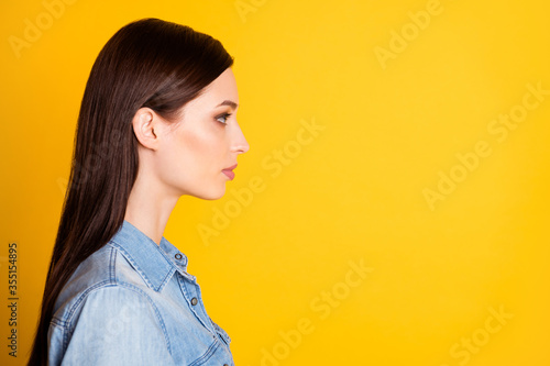 Profile side photo of minded reliable executive worker girl look copyspace listen employees solution wear casual style clothes isolated over vivid color background