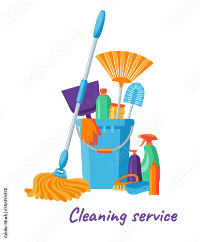 Cleaning service flat illustration. Cleaning items in bucket isolated on white. Plastic blue bucket, mop, sponge, brush, detergent product, glass cleaner. 