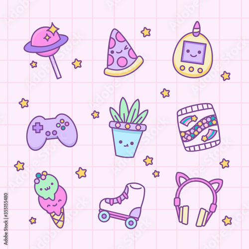 Vector set cute kawaii character icons with faces, stickers set in 80s, 90s style. Cute doodle such as headphones, planet lollipop, pizza slice, joystick, roller skates, flower pot, ice cream, candy