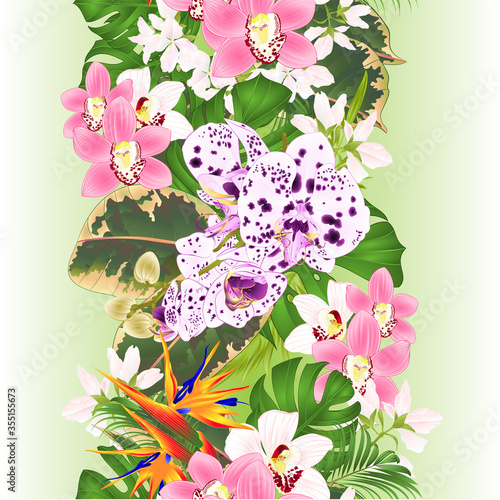 Vertical border seamless background tropical flowers  floral arrangement with beautiful Strelitzia  and white and pink orchids Cymbidium and phalaenopsis  palm,philodendron and ficus vintage vector 