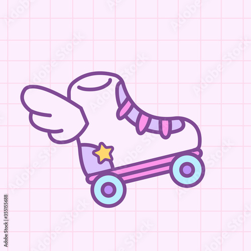 Cute kawaii retro roller skates in pastel colors with wings. Hand drawn doodle cartoon vector illustration in 80s, 90s style. For icon, logo, sticker, print, patch