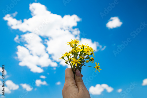 Hand with a bouquet of yellow flowers on a background of blue sky.