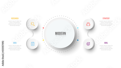 Business infographic template. Process chart. Visualization design with circles and 4 options or steps.