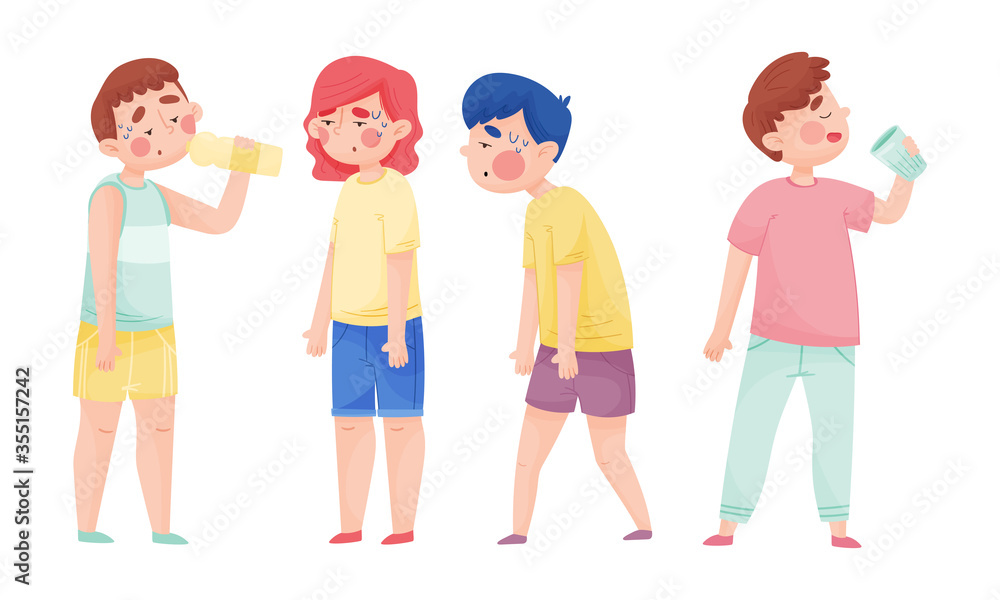 People Characters with Beads of Sweat on Their Forehead Drinking Cool Water from Bottle and Glass Vector Illustrations Set People Characters with Beads of Sweat on Their Forehead Drinking Cool Water from Bottle and Glass Vector Illustrations Set