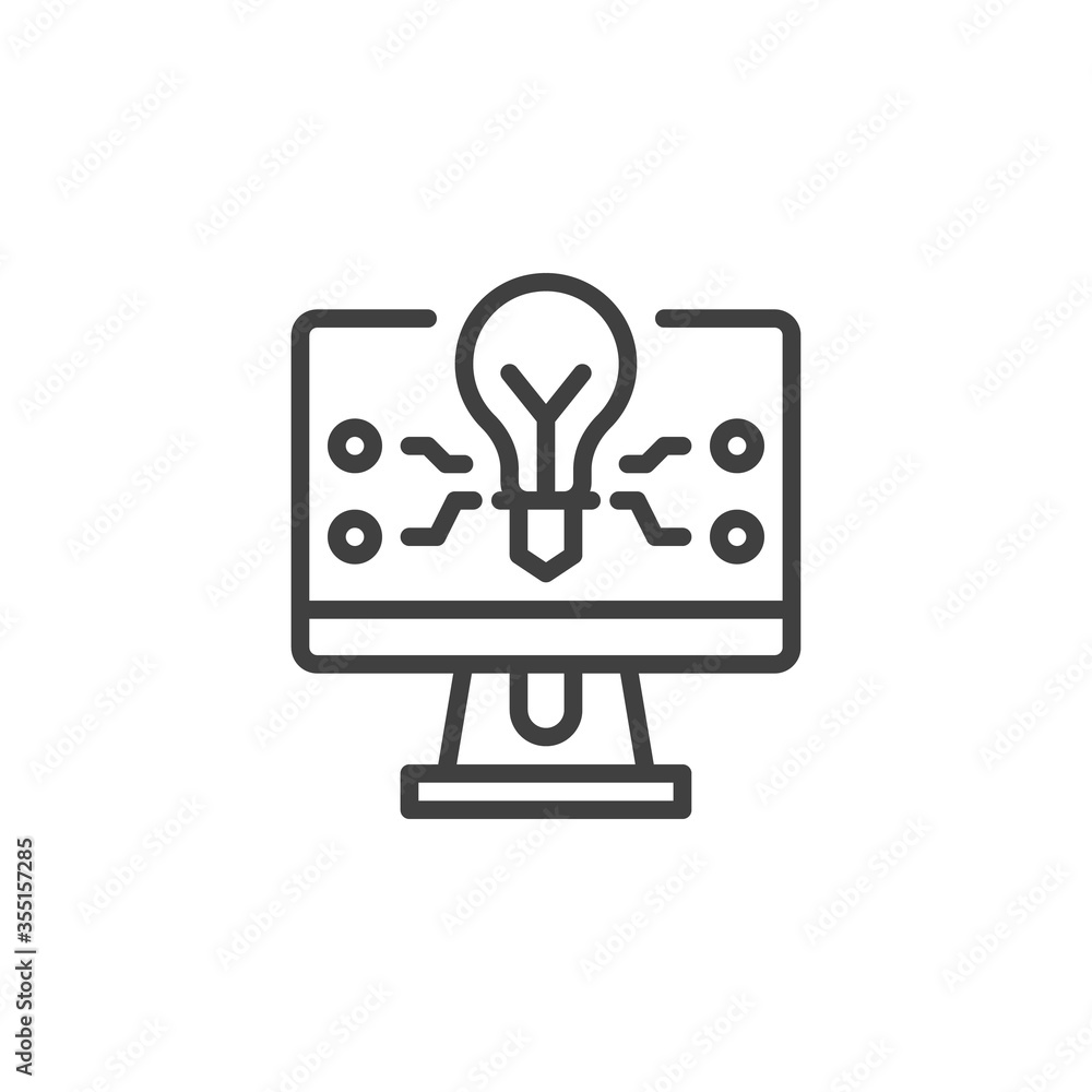 Business creativity line icon. linear style sign for mobile concept and web design. Computer screen with idea lamp outline vector icon. Symbol, logo illustration. Vector graphics Business creativity line icon. linear style sign for mobile concept and web design. Computer screen with idea lamp outline vector icon. Symbol, logo illustration. Vector graphics