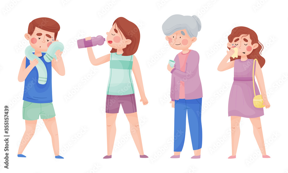 People Characters with Beads of Sweat on Their Forehead Drinking Cool Water from Bottle and Glass Vector Illustrations Set People Characters with Beads of Sweat on Their Forehead Drinking Cool Water from Bottle and Glass Vector Illustrations Set