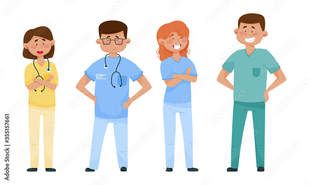 Smiling Man and Woman Doctors Wearing Medical Uniform Vector Illustrations Set Smiling Man and Woman Doctors Wearing Medical Uniform Vector Illustrations Set