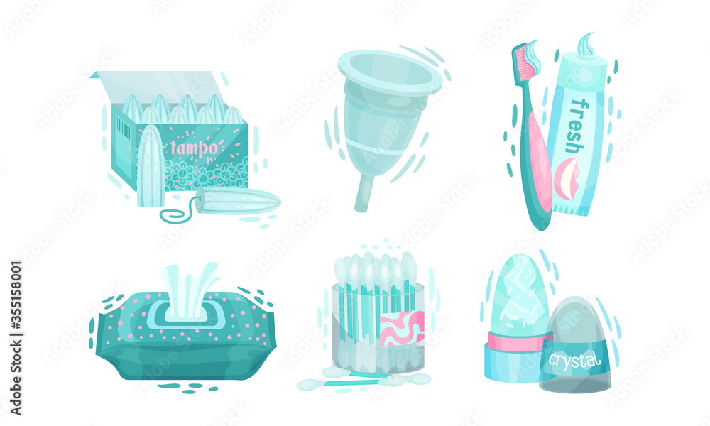 Personal Hygiene Items with Cotton Buds and Wet Wipes Vector Set Personal Hygiene Items with Cotton Buds and Wet Wipes Vector Set