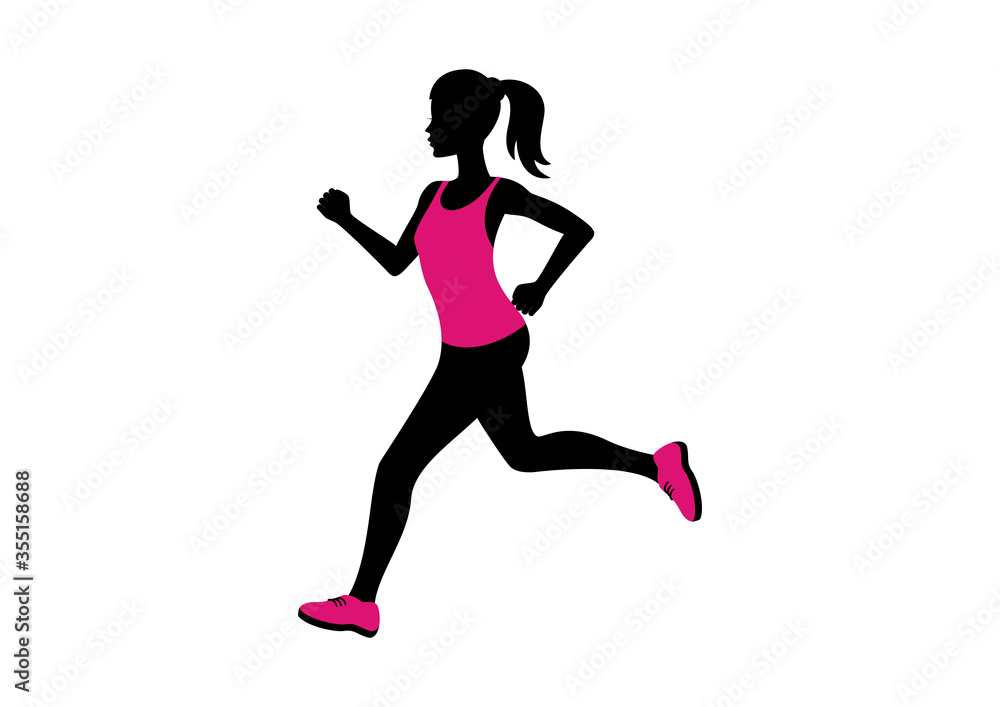 Running woman silhouette icon vector. Running woman in pink clothes icon. Attractive fitness girl silhouette. Woman in pink running shoes vector. Jogging slim woman icon isolated on a white background