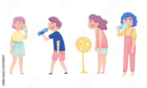 People Characters with Beads of Sweat on Their Forehead Drinking Cool Water and Using Fan Vector Illustrations Set