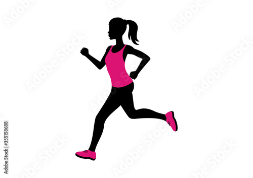 Fototapeta Naklejka Na Ścianę i Meble -  Running woman silhouette icon vector. Running woman in pink clothes icon. Attractive fitness girl silhouette. Woman in pink running shoes vector. Jogging slim woman icon isolated on a white background