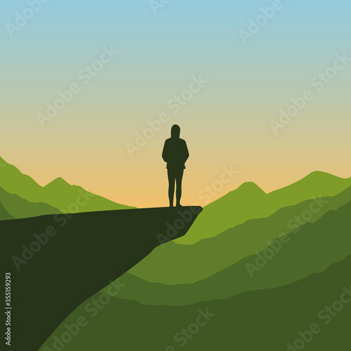 lonely girl on a cliff silhouette with mountain background vector illustration EPS10