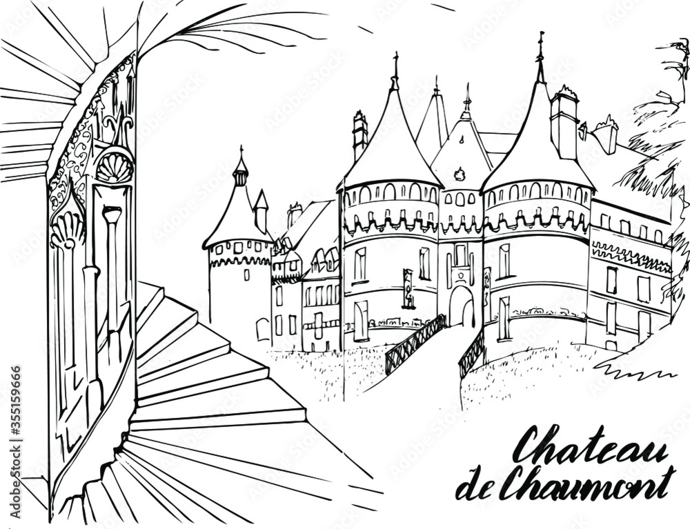 European architecture. The French Chateau of Chaumont sur Loire . Construction of the Renaissance. An illustration for a book or a page for coloring. Vector.inscription on the drawing is Chaumont cast