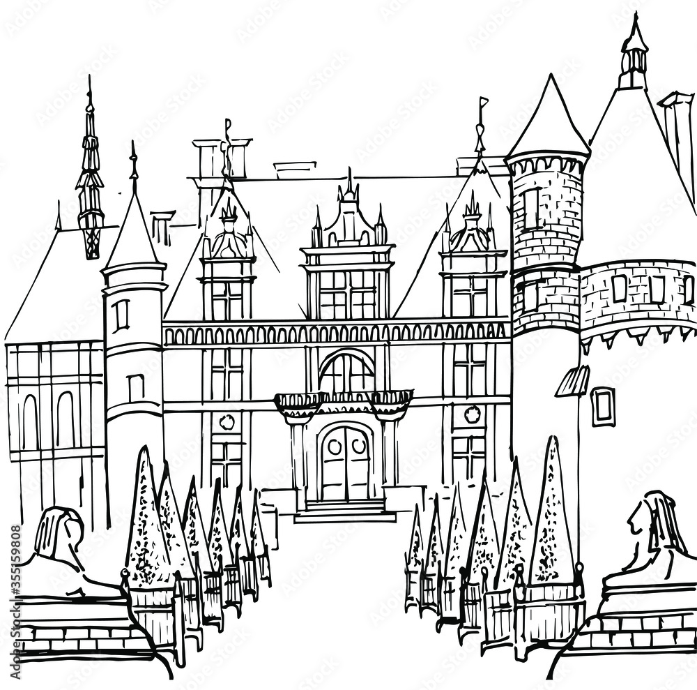 European architecture. French castle of Chenonceau. Loire valley. The construction of the Renaissance. An illustration for a book or a page for coloring. Vector sketch.