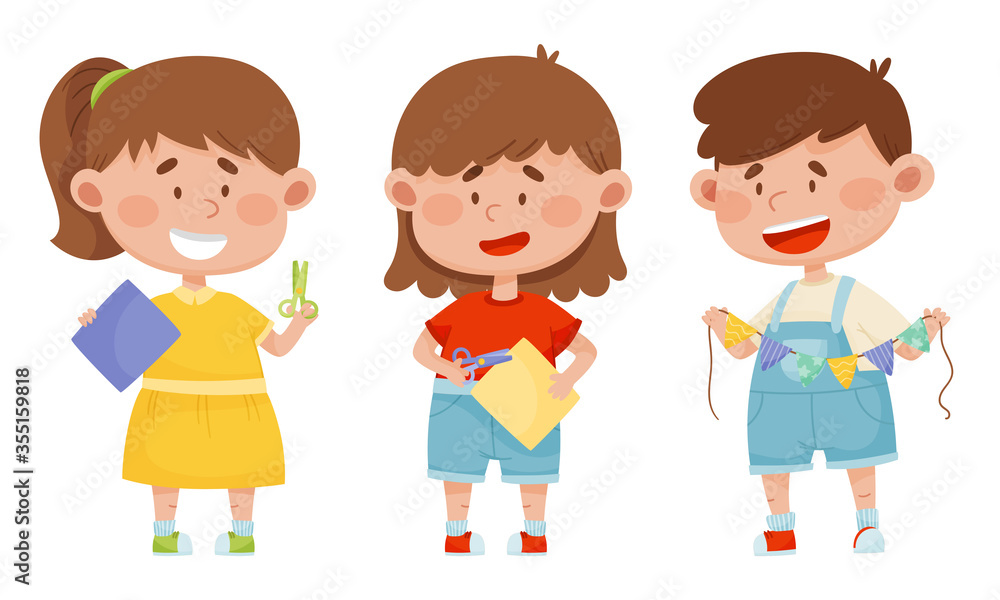 Children Holding Scissors and Doing Paper Craft Vector Illustrations Set Children Holding Scissors and Doing Paper Craft Vector Illustrations Set