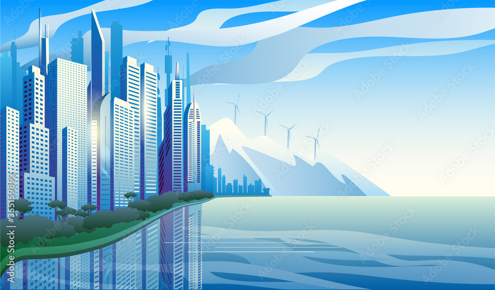 Fototapeta premium City of the future skyscrapers at dawn. City on the background of mountains withwind generators. Vector horizontal illustration.