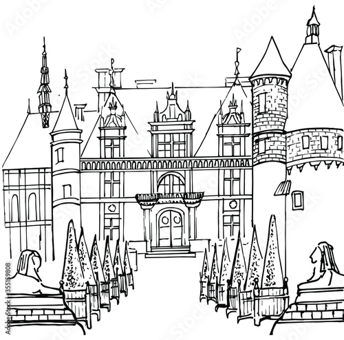 European architecture. French castle of Chenonceau. Loire valley. The construction of the Renaissance. An illustration for a book or a page for coloring. Vector sketch. photo