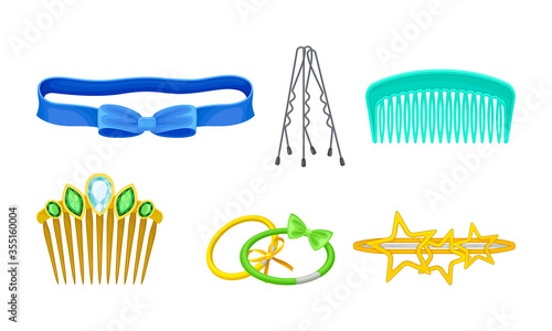 Plastic Hair Accessories with Comb and Hair Clips Vector Set