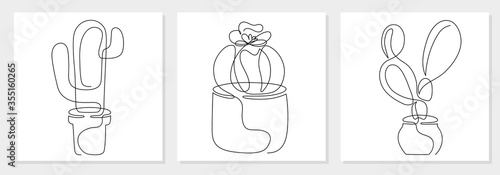 One line drawing vector set cacti in a pot. Modern continuous line art, aesthetic contour. Cactus succulent collection for poster, wall art, tote bag or t-shirt print, logo, sticker, mobile case