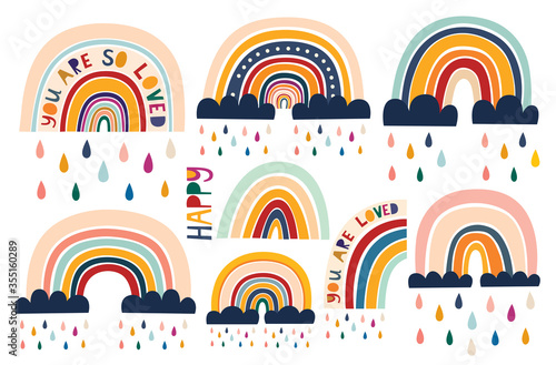 Abstract colorful trendy summer rainbows with clouds. Vector illustrations. Summer colorful pattern design. Funny rainbows for Party decoration 