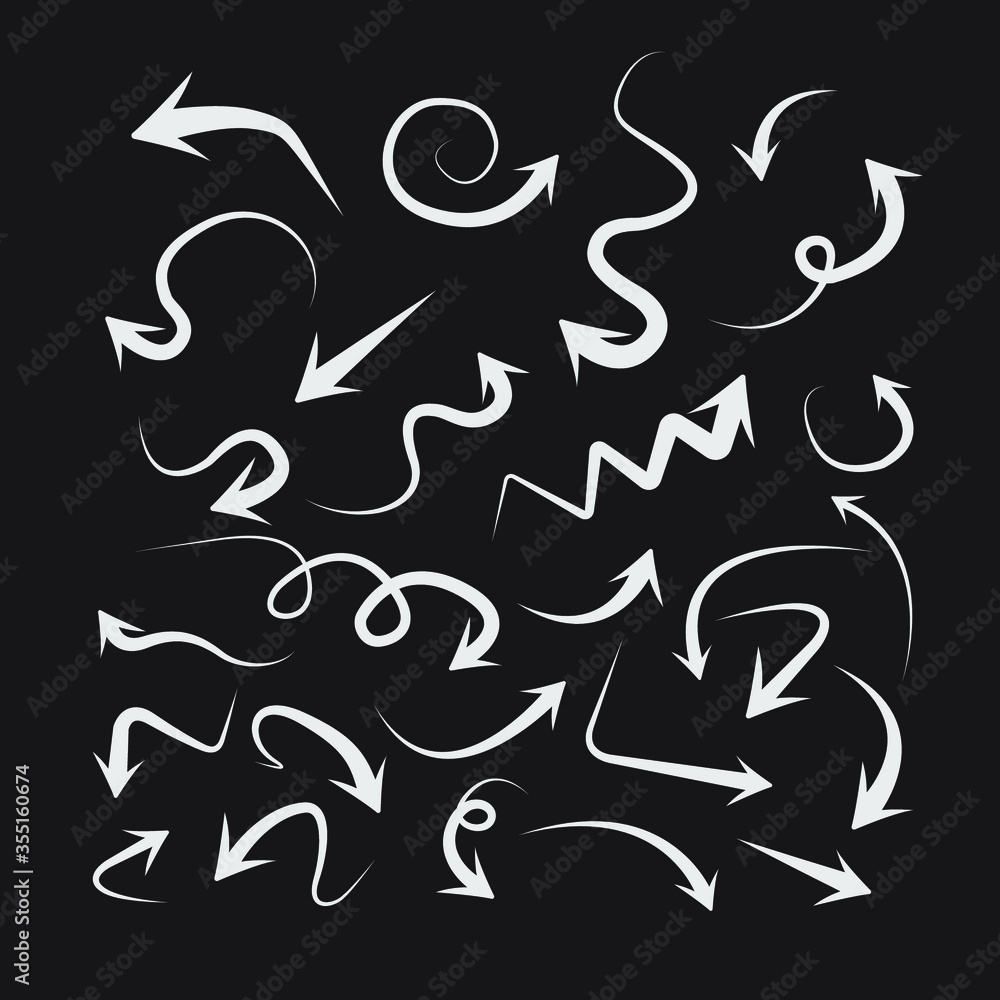 Vector abstract illustration of white hand drawn arrows set. Isolated on black background. Vector abstract illustration of white hand drawn arrows set. Isolated on black background.