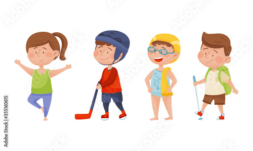 Energetic Children Doing Different Kind of Sport Vector Illustrations Set