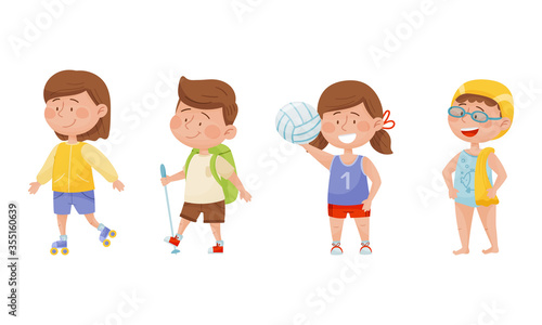 Energetic Children Doing Different Kind of Sport Vector Illustrations Set