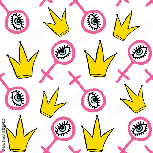 Creative Seamless pattern. Pink Symbol of Venus with eyes and crown on white background. Feminism concept Cartoon doodle style. Vector illustration.