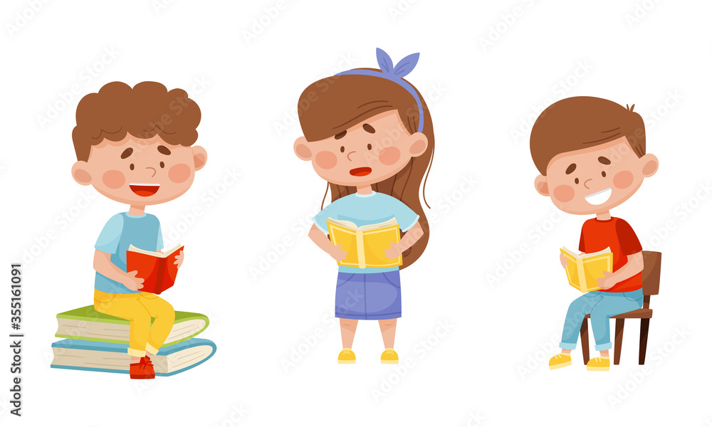 Kids in Sitting and Standing Pose Reading Book Vector Illustrations Set Kids in Sitting and Standing Pose Reading Book Vector Illustrations Set