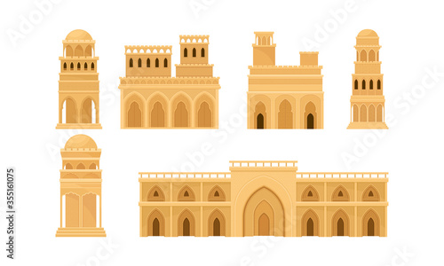 Arabic Architecture and Buildings with Geometric Ornament Vector Set