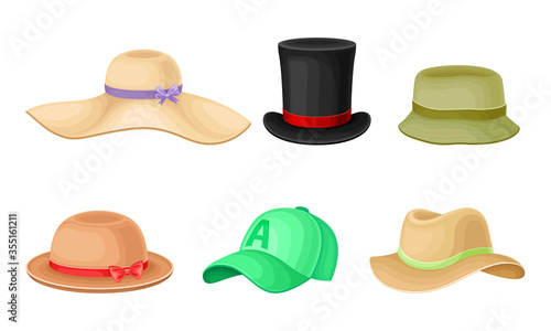 Female and Male Headwear or Headdress with Wide Brims Vector Set
