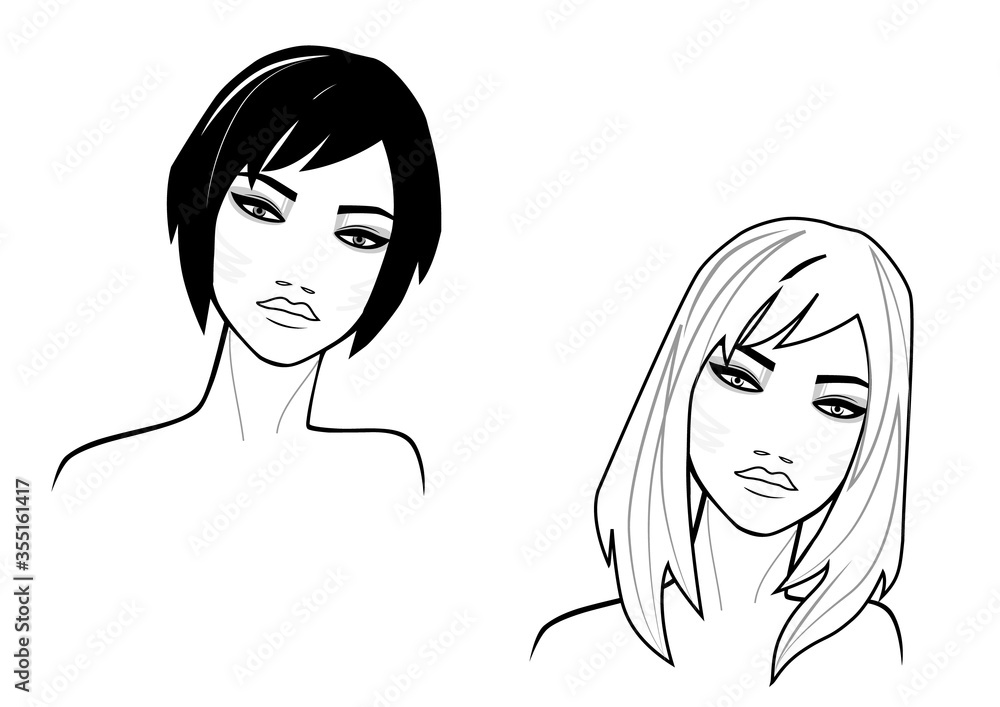 illustration of short hair and long style women face on white background illustration of short hair and long style women face on white background