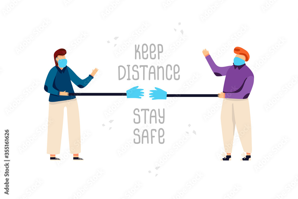 Friends in face masks greet with help hand sticks. Keep distance stay safe quotes lettering. Vector flat illustration. People social distancing, quarantine, preventive measure concepts. Banner, poster