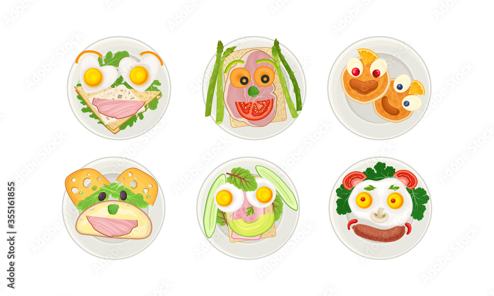 Smiley Breakfast Food Arrangement or Serving with Scrambled Egg and Sandwich Above View Vector Set