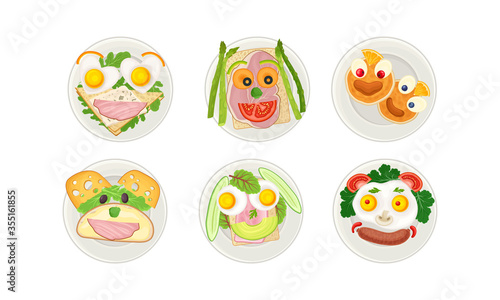 Smiley Breakfast Food Arrangement or Serving with Scrambled Egg and Sandwich Above View Vector Set