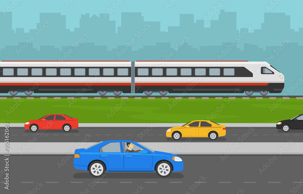 City panorama with highway road and railway. Modern bullet train and sedan cars. Flat vector illustration. City panorama with highway road and railway. Modern bullet train and sedan cars. Flat vector illustration.